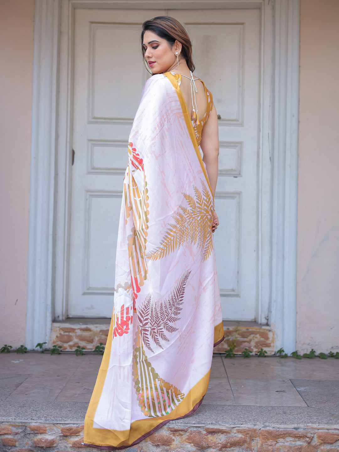 Ivory White Botanical Printed Satin Georgette Saree with Mustard Border & Unstitched Blouse – Elegant Festive & Day Wear