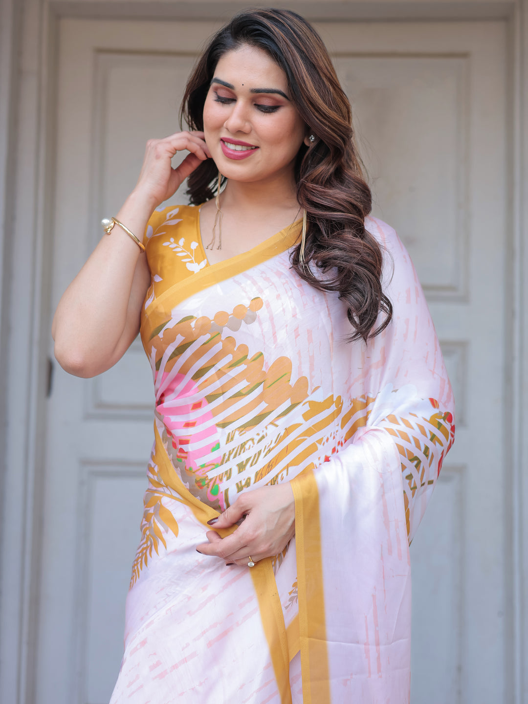 Ivory White Botanical Printed Satin Georgette Saree with Mustard Border & Unstitched Blouse – Elegant Festive & Day Wear