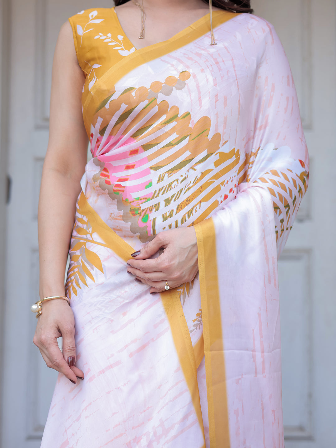 Ivory White Botanical Printed Satin Georgette Saree with Mustard Border & Unstitched Blouse – Elegant Festive & Day Wear