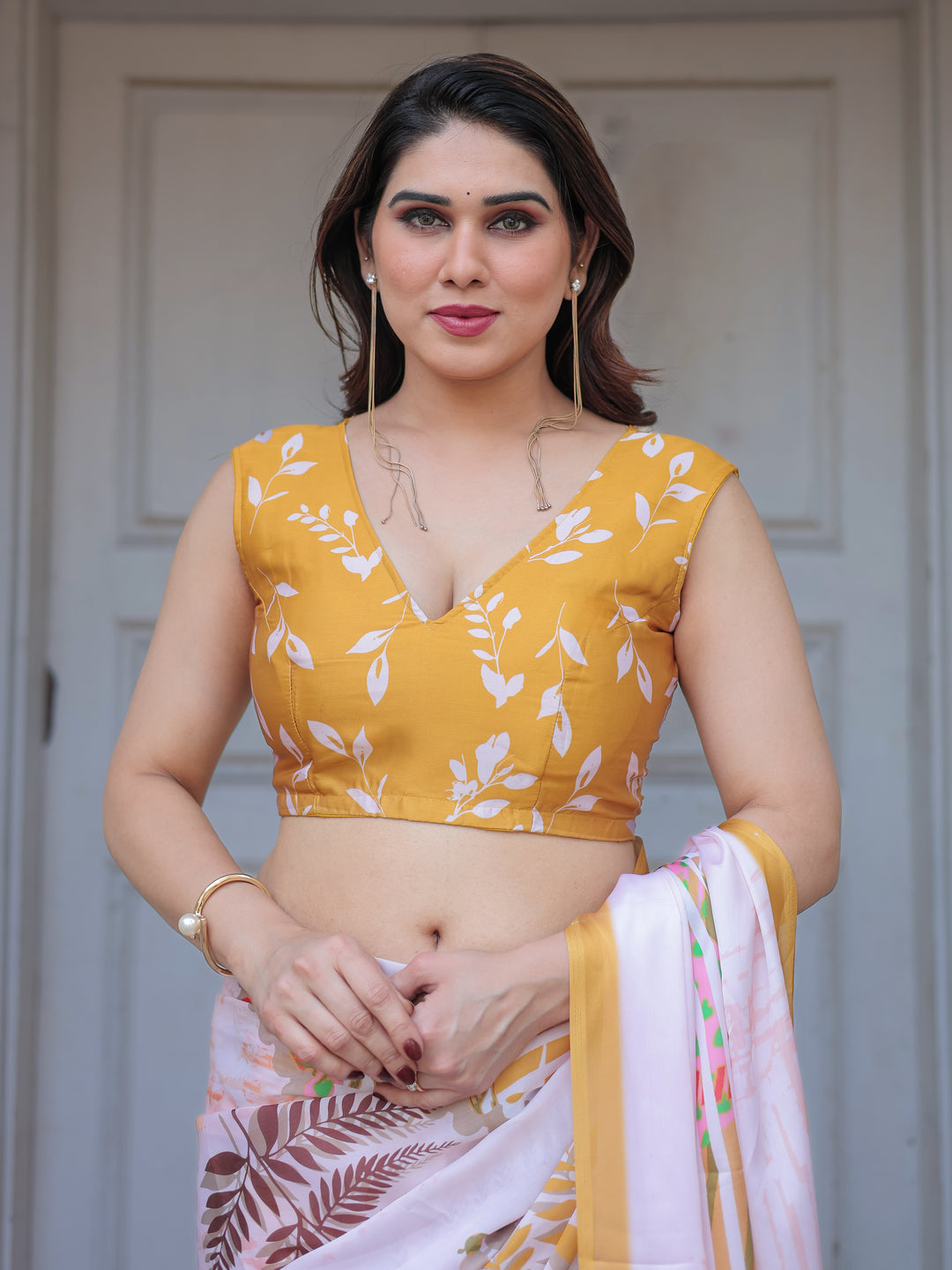 Ivory White Botanical Printed Satin Georgette Saree with Mustard Border & Unstitched Blouse – Elegant Festive & Day Wear