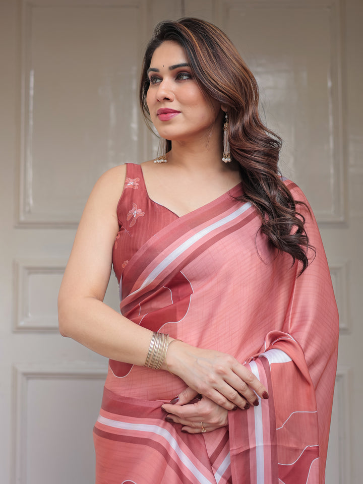 Coral Peach Minimal Floral Satin Georgette Saree with Soft Border & Unstitched Blouse – Elegant Day & Occasion Wear