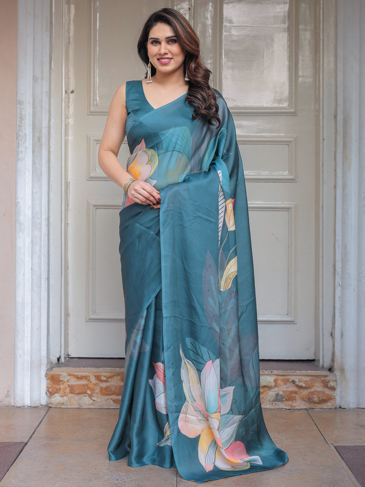 Teal Blue Large Floral Printed Satin Georgette Saree with Artistic Pallu & Unstitched Blouse – Elegant Party & Occasion Wear