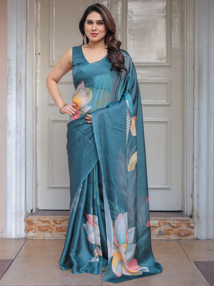 Teal Blue Large Floral Printed Satin Georgette Saree with Artistic Pallu & Unstitched Blouse – Elegant Party & Occasion Wear