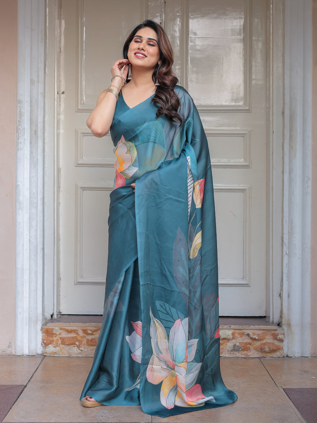 Teal Blue Large Floral Printed Satin Georgette Saree with Artistic Pallu & Unstitched Blouse – Elegant Party & Occasion Wear