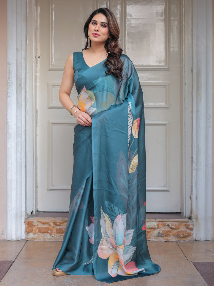 Teal Blue Large Floral Printed Satin Georgette Saree with Artistic Pallu & Unstitched Blouse – Elegant Party & Occasion Wear