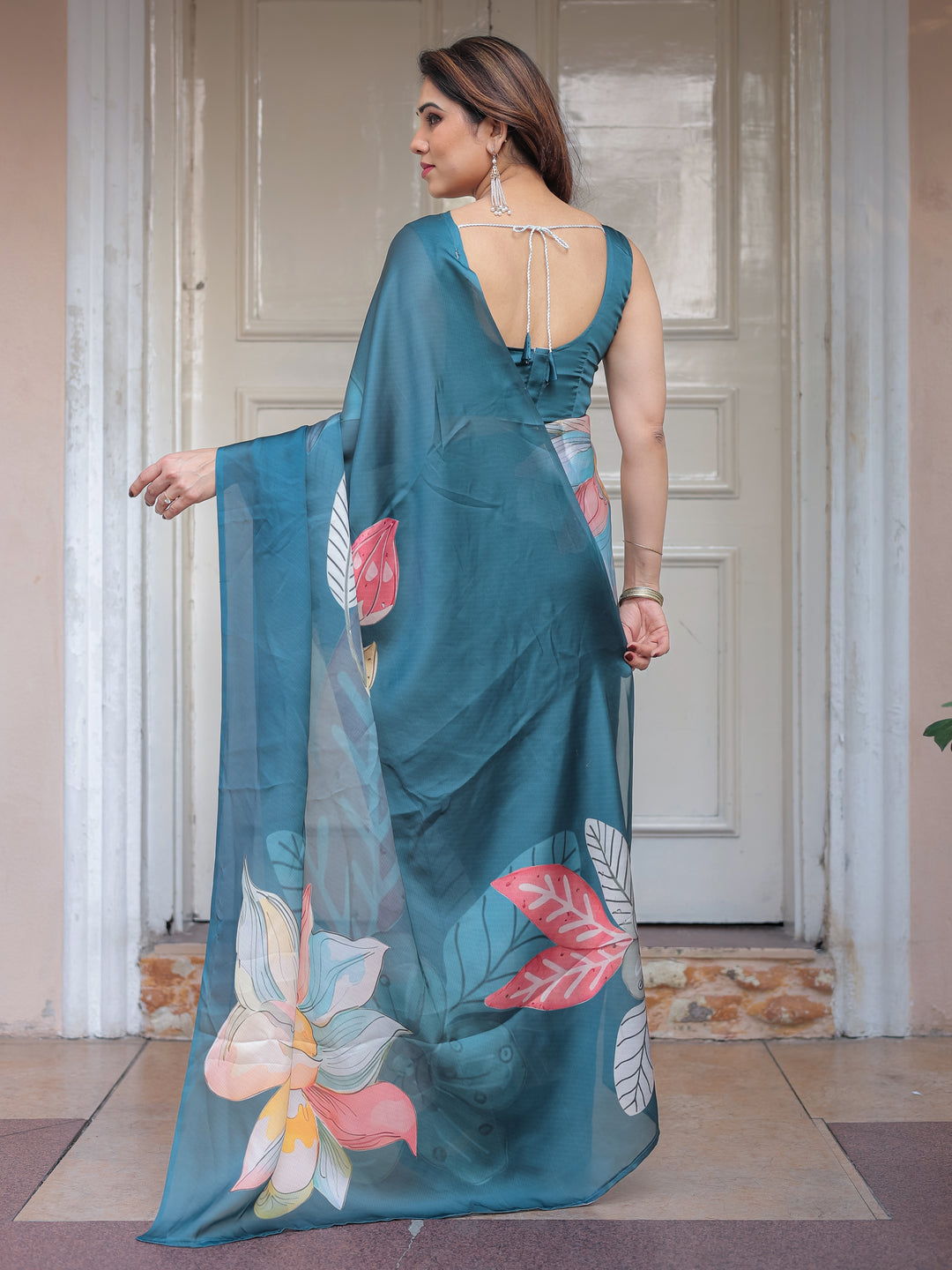 Teal Blue Large Floral Printed Satin Georgette Saree with Artistic Pallu & Unstitched Blouse – Elegant Party & Occasion Wear