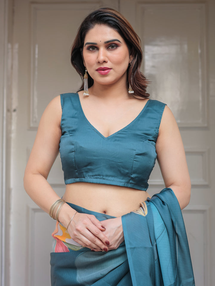 Teal Blue Large Floral Printed Satin Georgette Saree with Artistic Pallu & Unstitched Blouse – Elegant Party & Occasion Wear