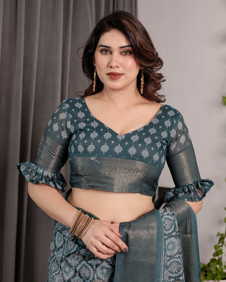 Teal Blue Pure Handloom Linen Saree with Ethnic Mandala Prints & Zari Border | Rich Pallu with Tassels | 5.5m Saree + 0.8m Blouse