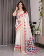 Off-White Handloom Linen Saree with Multicolor Checkered Pallu & Red-Gold Zari Border | Festive Tassel Finish | Attached Blouse | 5.5m Saree + 0.8m Blouse