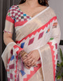 Off-White Handloom Linen Saree with Multicolor Checkered Pallu & Red-Gold Zari Border | Festive Tassel Finish | Attached Blouse | 5.5m Saree + 0.8m Blouse