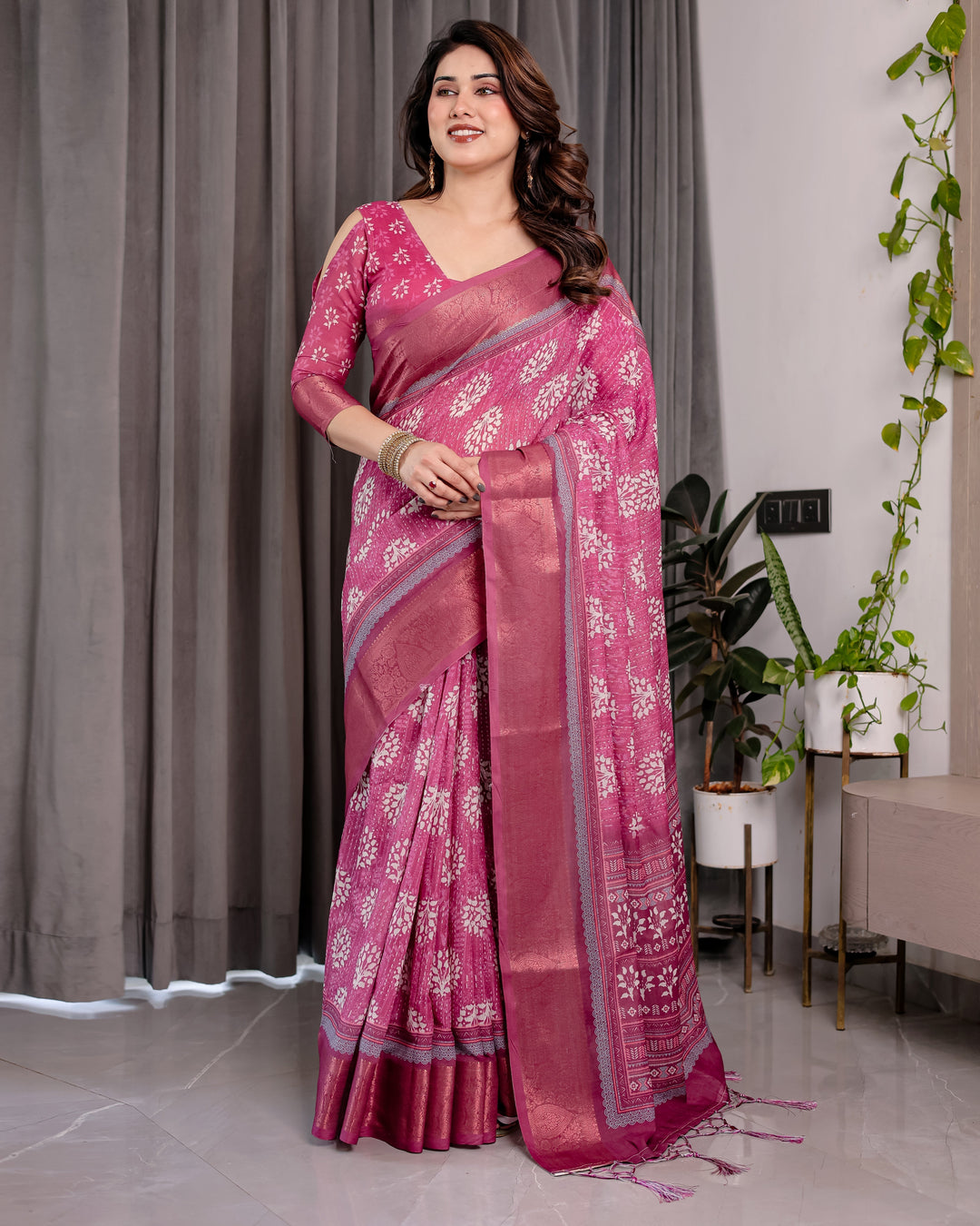 Rani Pink Pure Handloom Linen Saree with White Floral Print & Dual Zari Border | Elegant Tassel Finish | 5.5m Saree + 0.8m Blouse