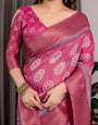 Rani Pink Pure Handloom Linen Saree with White Floral Print & Dual Zari Border | Elegant Tassel Finish | 5.5m Saree + 0.8m Blouse