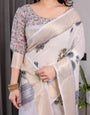 White Handloom Linen Saree with Grey Rose Floral Print & Gold Zari Border | Striped Pallu & Tassel Detailing | Attached Blouse | 5.5m Saree + 0.8m Blouse