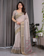 Crimson Pink & Teal Floral Handloom Linen Saree with Zari Border & Tassel Finish | 5.5m Saree + 0.8m Blouse