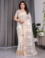 Off-White Handloom Linen Saree with Black Vertical Stripes & Tribal Motifs | Golden Zari Border & Tassel Pallu | Attached Blouse | 5.5m Saree + 0.8m Blouse
