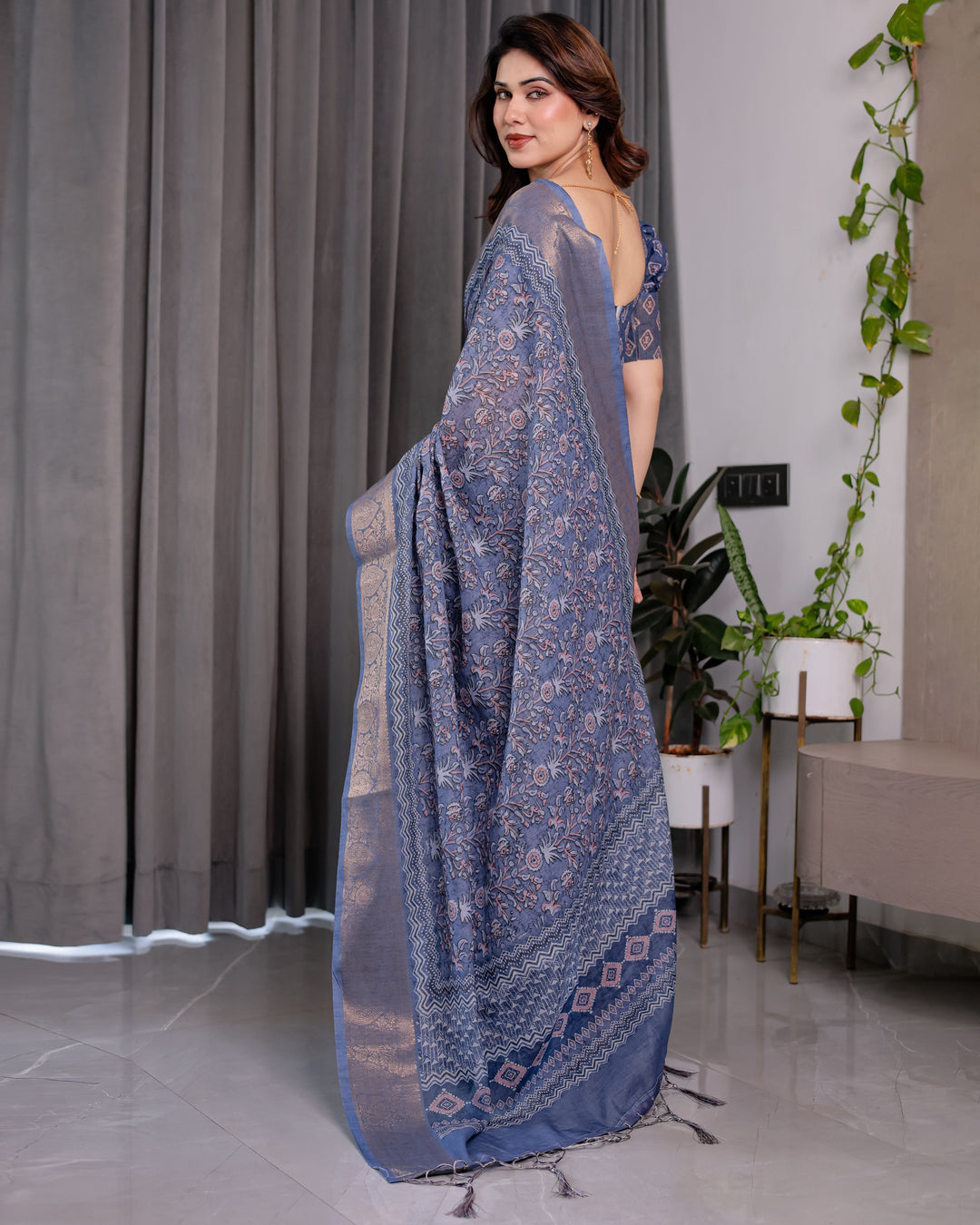 Dusty Blue Pure Handloom Linen Saree with All-Over Floral Vine Print & Zari Border | Geometric Pallu & Tassels | 5.5m Saree + 0.8m Blouse