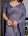 Dusty Blue Pure Handloom Linen Saree with All-Over Floral Vine Print & Zari Border | Geometric Pallu & Tassels | 5.5m Saree + 0.8m Blouse