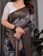 Black Handloom Linen Saree with White Floral Mandala Print, Zari Border & Tassel Pallu | 5.5m Saree + 0.8m Blouse