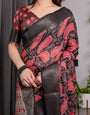 Black & Rust Red Handloom Linen Saree with Heart Floral Print & Striped Ethnic Pallu | Antique Zari Border & Tassel Detailing | Attached Blouse | 5.5m Saree + 0.8m Blouse