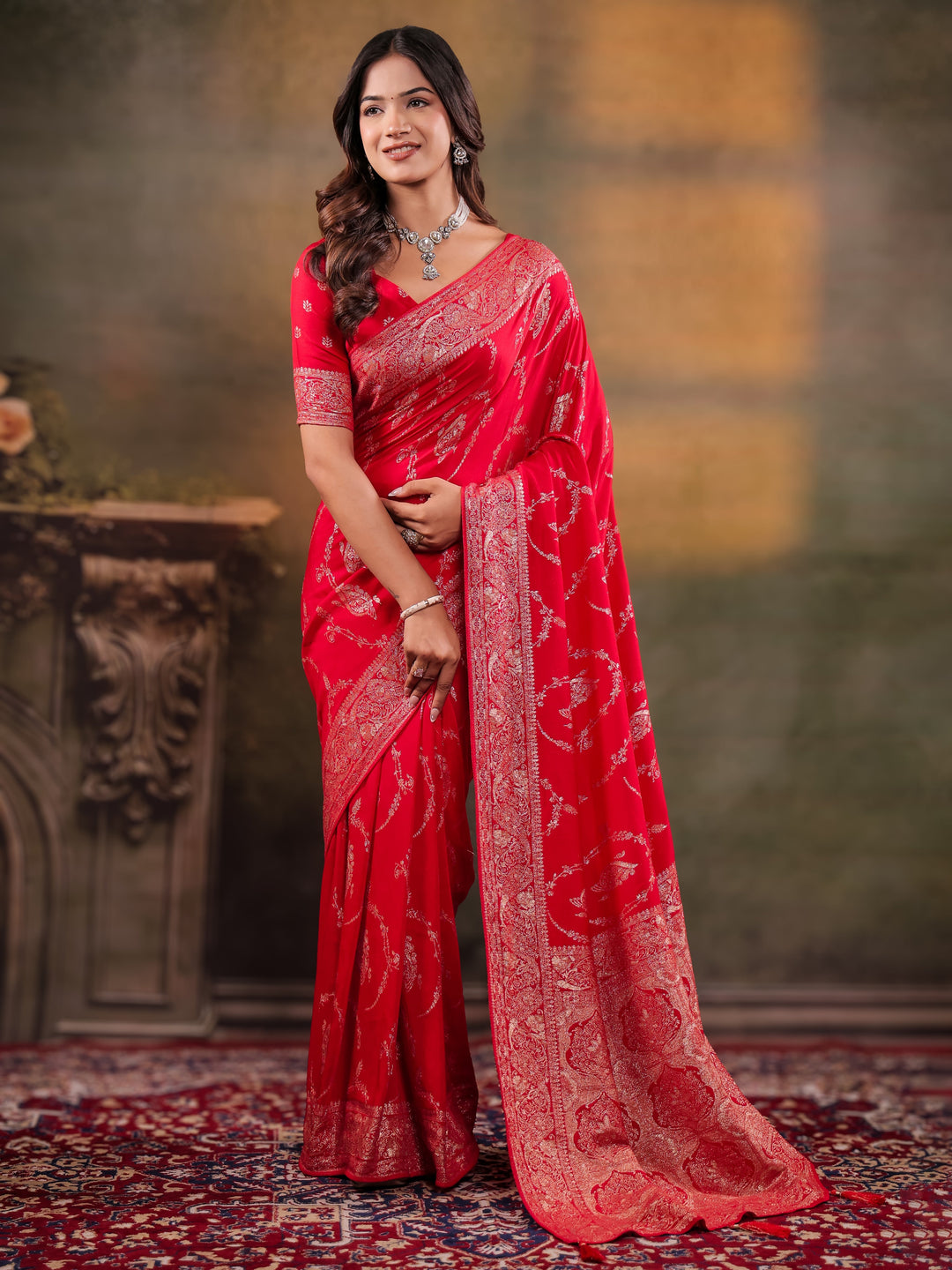 Red Nylon Viscose Pure Saree with Rich Woven Floral Butti Design, Traditional Designer Border, Grand Woven Pallu & Tassel Edges