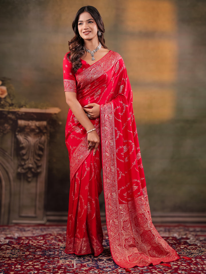 Red Nylon Viscose Pure Saree with Rich Woven Floral Butti Design, Traditional Designer Border, Grand Woven Pallu & Tassel Edges