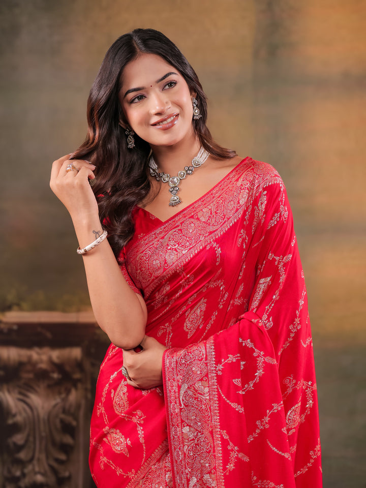 Red Nylon Viscose Pure Saree with Rich Woven Floral Butti Design, Traditional Designer Border, Grand Woven Pallu & Tassel Edges