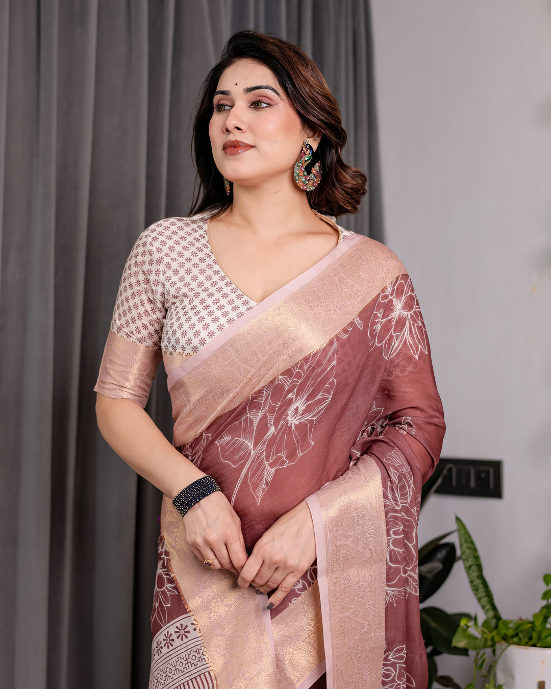 Maroon Handloom Linen Saree with White Floral Prints & Circular Mandala Pallu | Zari Border | 5.5m Saree + 0.8m Blouse with Tassels