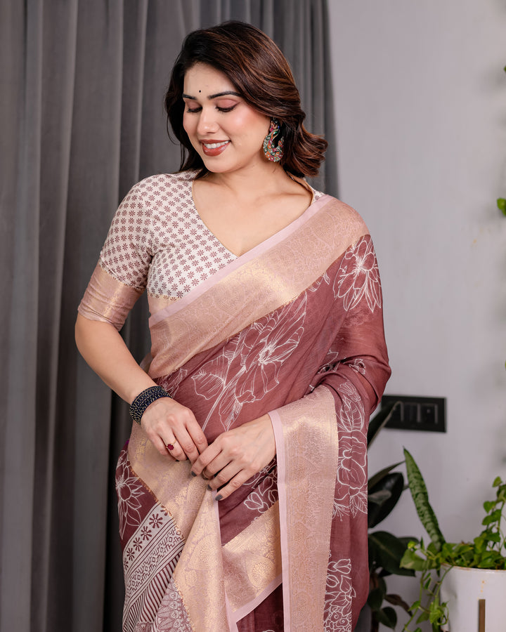 Maroon Handloom Linen Saree with White Floral Prints & Circular Mandala Pallu | Zari Border | 5.5m Saree + 0.8m Blouse with Tassels