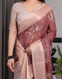 Maroon Handloom Linen Saree with White Floral Prints & Circular Mandala Pallu | Zari Border | 5.5m Saree + 0.8m Blouse with Tassels
