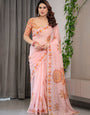 Peach Pink Mandala Printed Organza Saree with Multicolour Lace Border | Designer Lightweight Organza Saree with Attached Blouse Piece | Elegant Festive & Occasion Wear