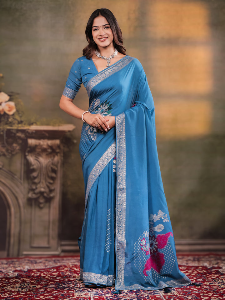 Sky Blue Nylon Viscose Pure Saree with Silver Woven Border, Floral Designer Motifs, Elegant Pallu & Tassel Edges