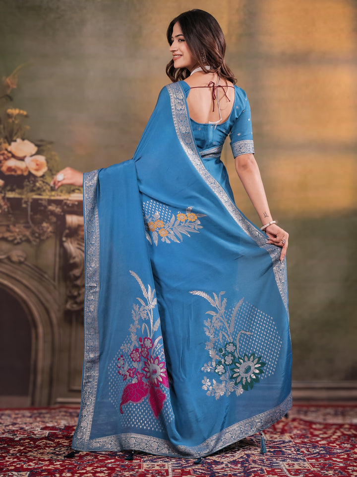 Sky Blue Nylon Viscose Pure Saree with Silver Woven Border, Floral Designer Motifs, Elegant Pallu & Tassel Edges