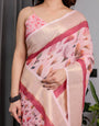 Blush Pink Handloom Linen Saree with Lotus Motif Printed Pallu & Zari Border | 5.5m Saree + 0.8m Blouse | Elegant Tassel Finish