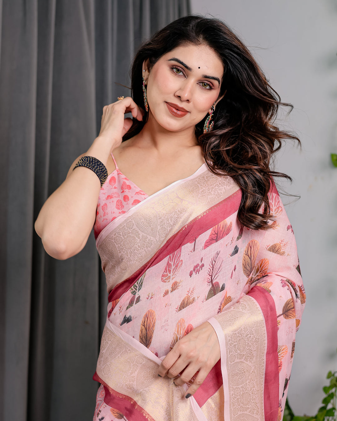 Blush Pink Handloom Linen Saree with Lotus Motif Printed Pallu & Zari Border | 5.5m Saree + 0.8m Blouse | Elegant Tassel Finish