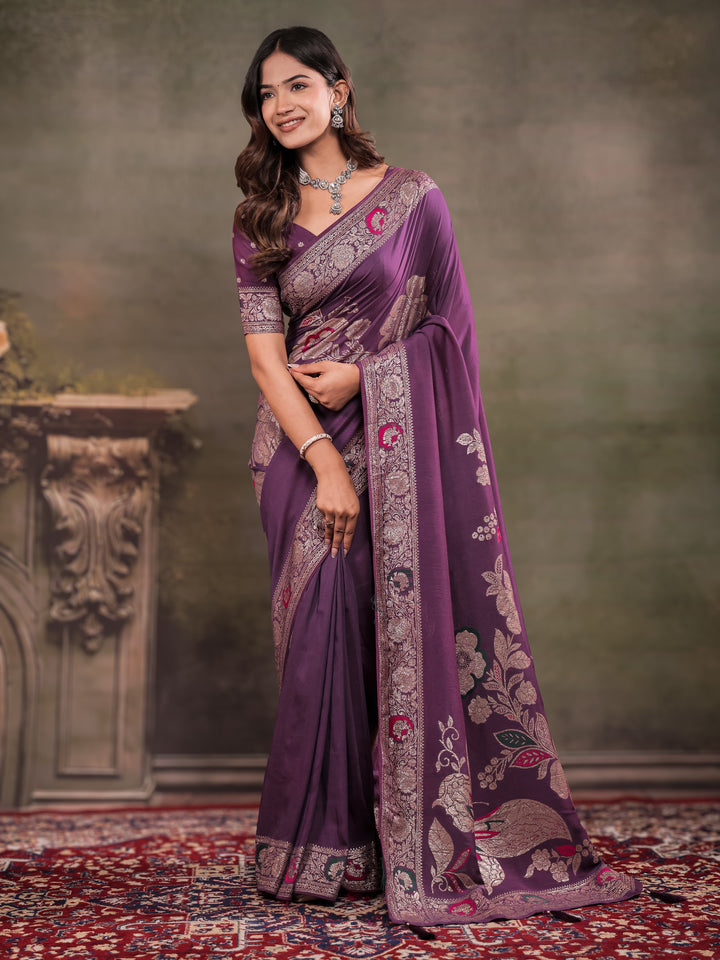 Plum Purple Nylon Viscose Pure Saree with Floral Woven Border, Elegant Botanical Design, Designer Pallu & Tassel Edges