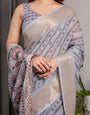 Pastel Grey Handloom Linen Saree with Multicolor Tribal Geometric Pallu & Zari Border | Tassels | 5.5m Saree + 0.8m Blouse