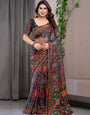 Black Printed Organza Saree with Floral & Traditional Motifs and Multicolour Lace Border | Designer Lightweight Organza Saree with Attached Blouse Piece | Festive & Party Wear Saree