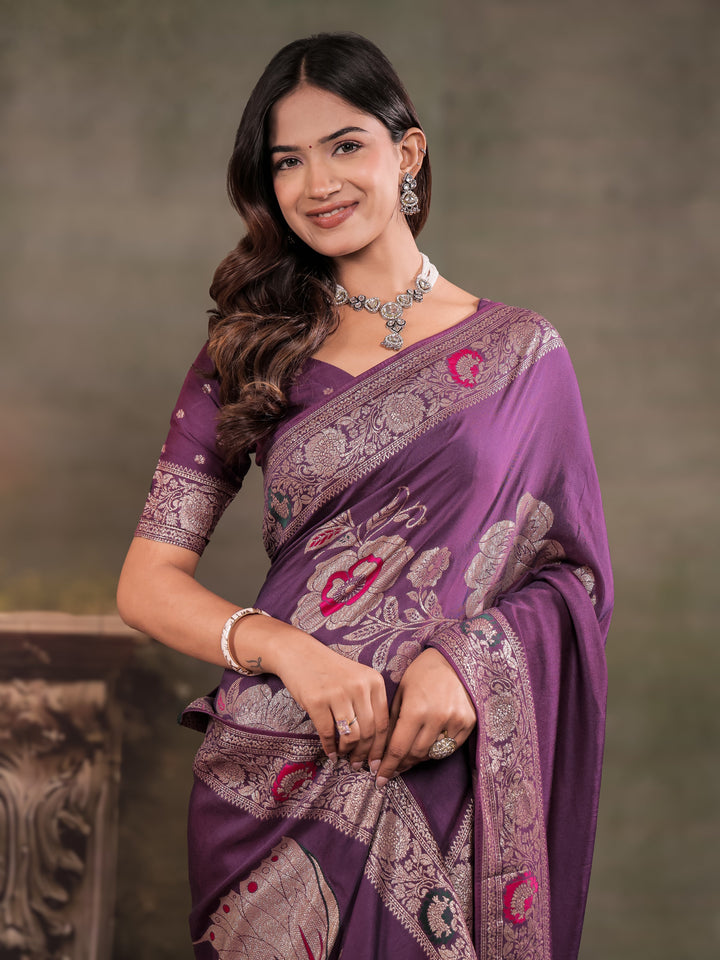 Plum Purple Nylon Viscose Pure Saree with Floral Woven Border, Elegant Botanical Design, Designer Pallu & Tassel Edges