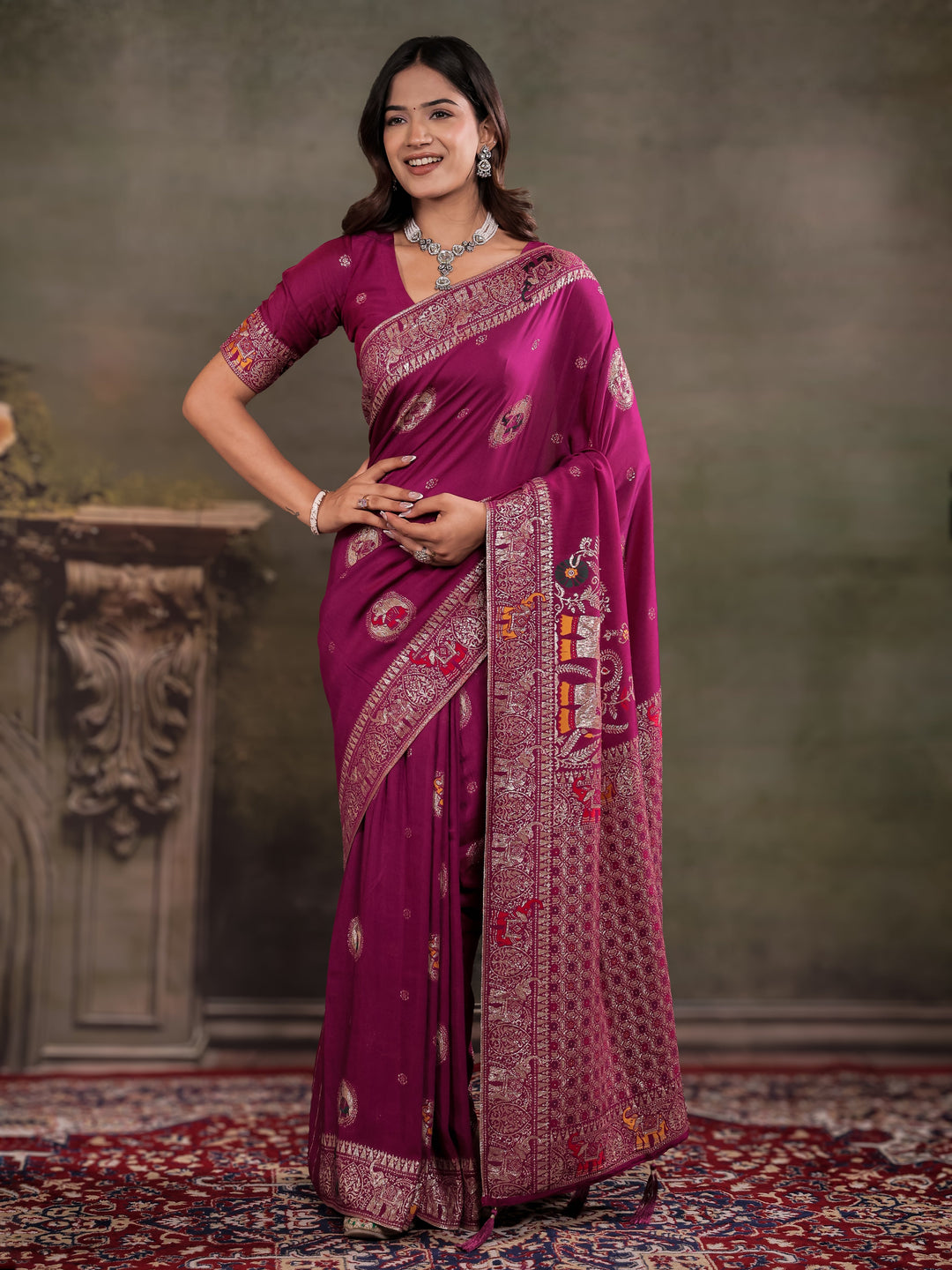 Magenta Nylon Viscose Pure Saree with Traditional Woven Border, Heritage Motif Design, Grand Designer Pallu & Tassel Edges