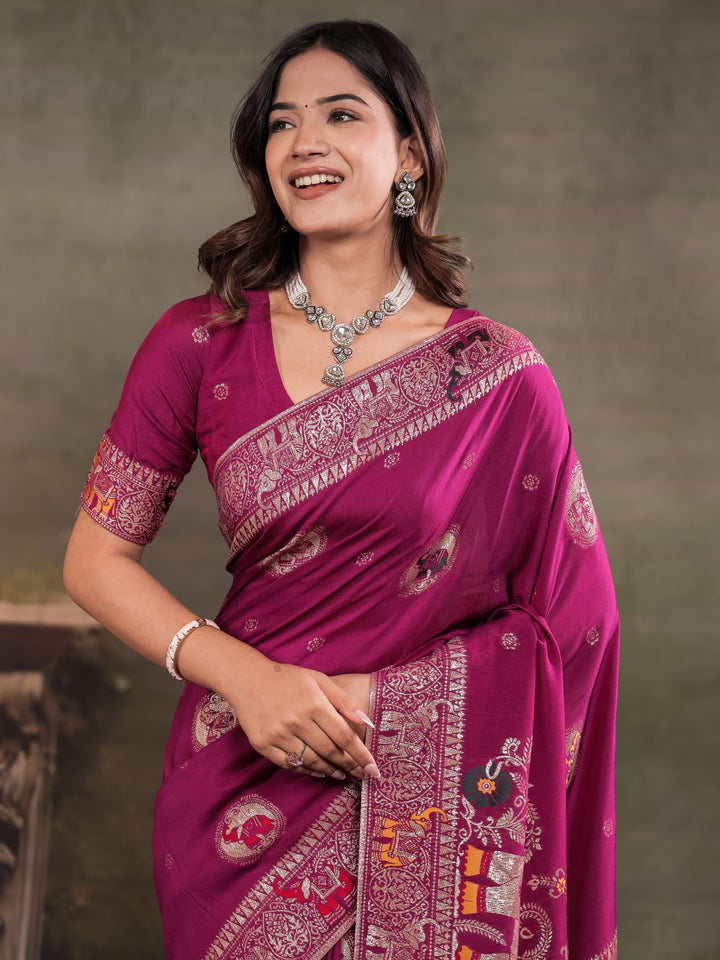 Magenta Nylon Viscose Pure Saree with Traditional Woven Border, Heritage Motif Design, Grand Designer Pallu & Tassel Edges