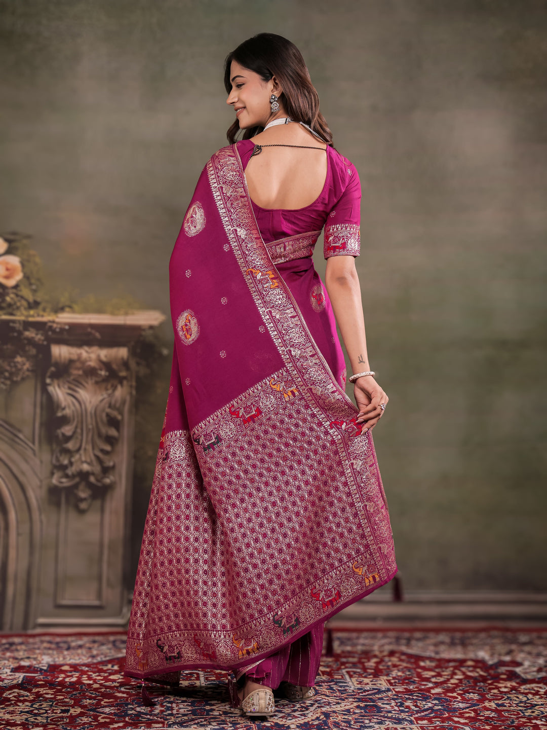 Magenta Nylon Viscose Pure Saree with Traditional Woven Border, Heritage Motif Design, Grand Designer Pallu & Tassel Edges