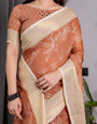 Rust Brown Handloom Linen Saree with White Floral Print, Zari Border & Tassel Pallu | 5.5m Saree + 0.8m Blouse