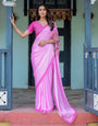 Pastel Pink Designer Freehand Saree with Floral Pallu & Zigzag Blouse | Satin Georgette | Handsfree Draping Feature