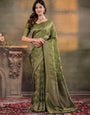 Olive Green Satin Silk Saree with All-Over Paisley Woven Design, Rich Designer Border & Grand Traditional Pallu