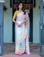 White Designer Freehand Saree with Multicolor Art Pallu & Yellow Blouse | Satin Georgette | Handsfree Draping Feature