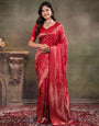 Ruby Red Satin Silk Saree with All-Over Floral Jacquard Weaving, Rich Zari Border, Grand Designer Pallu & Tassel Edges