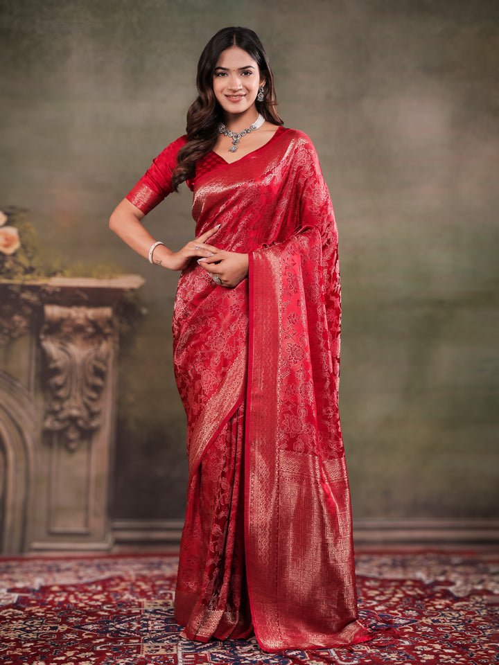 Ruby Red Satin Silk Saree with All-Over Floral Jacquard Weaving, Rich Zari Border, Grand Designer Pallu & Tassel Edges