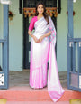 White & Pink Ombré Designer Freehand Saree with Geometric Pallu Art & Rani Pink Blouse | Satin Georgette | Handsfree Pallu Design