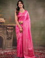 Hot Pink Satin Silk Saree with All-Over Floral Jacquard Weaving, Rich Zari Border, Grand Designer Pallu & Tassel Edges