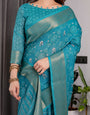 Teal Blue Handloom Linen Printed Saree with Rose Motifs & Zari Border | Pallu with Buttis & Tassels | 5.5m Saree + 0.8m Blouse